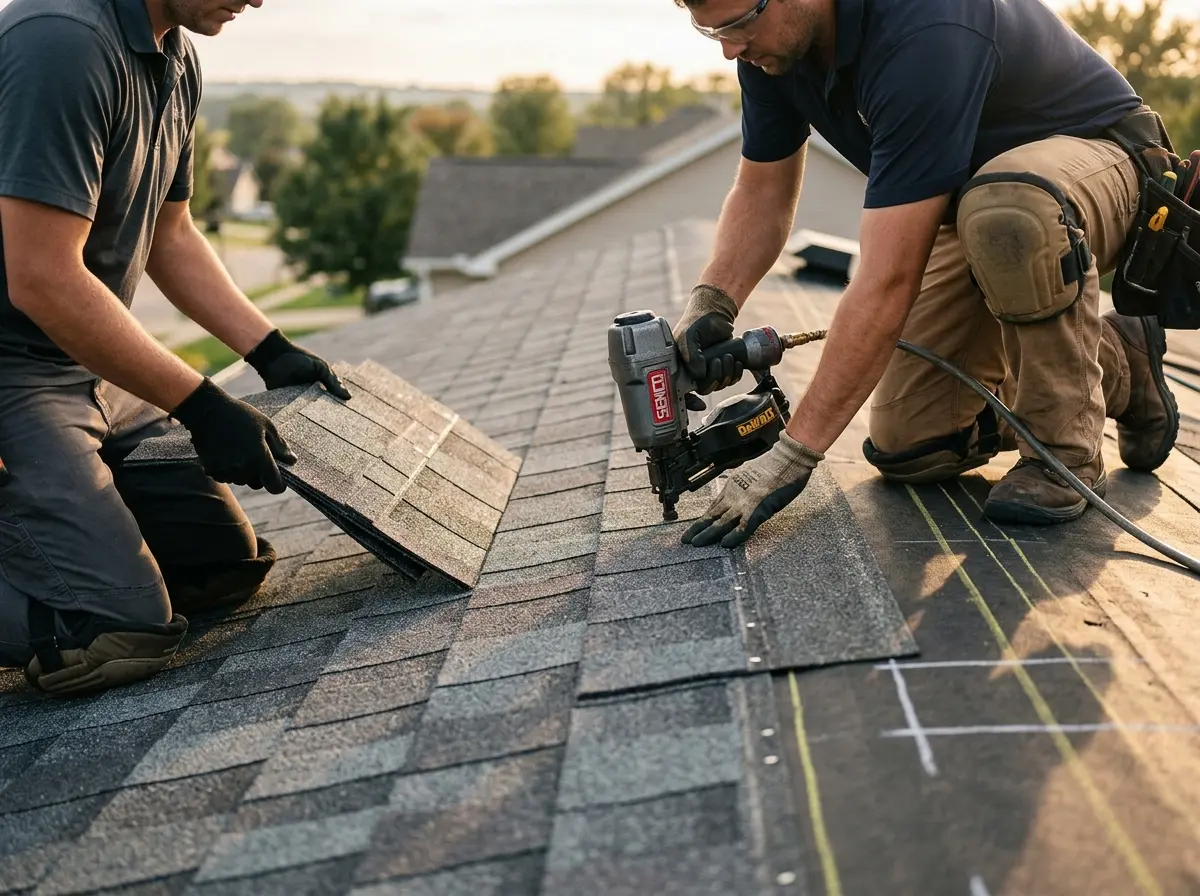 Professional roofer working on a residential roof in Half Moon